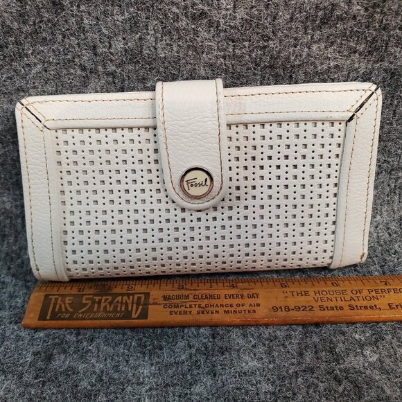 FOSSIL Trifold White Genuine Leather Wallet Snap Clutch - Picture 3 of 7